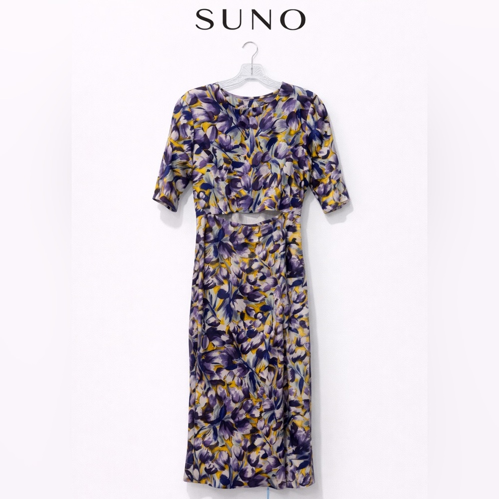 Suno Floral Cutout Dress Silk Purple Lavender White Yellow Midi Easter Dress
